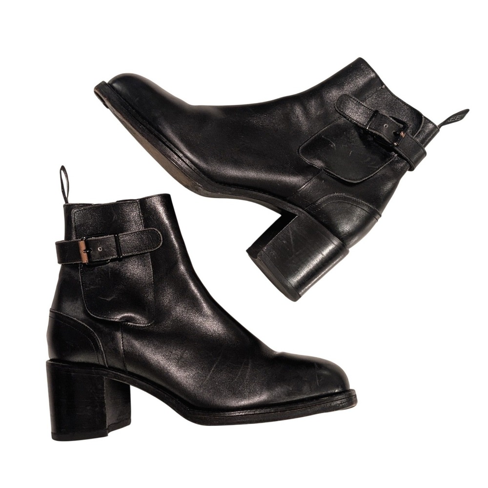 Free Lance Combat Biker Ankle Boots Booties Leather Buckle Block Heel Square Toe